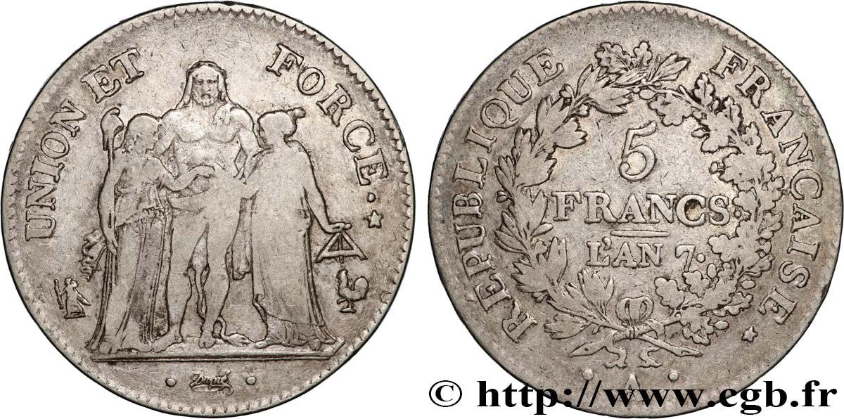 5 francs Union et Force, Union serré, avec glands intérieurs et gland extérieur 1799 Paris F.288/95 TB 