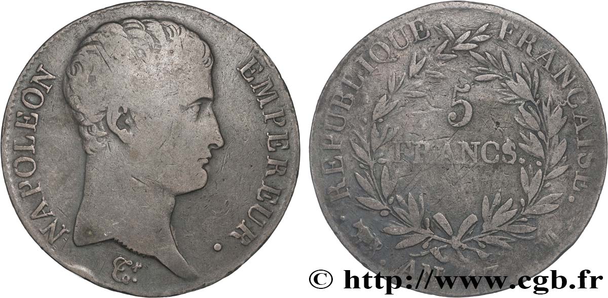 5 francs Napoléon Empereur, Calendrier révolutionnaire 1805 Toulouse F.303/13 B+ 