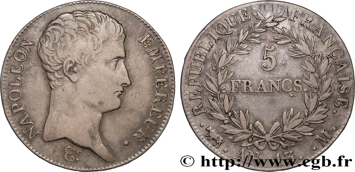 5 francs Napoléon Empereur, Calendrier révolutionnaire 1805 Toulouse F.303/13 VF 