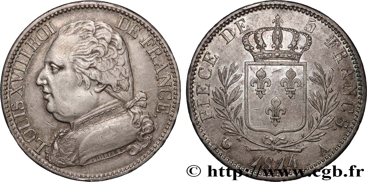 5 francs Louis XVIII, buste habillé 1814 Paris F.308/1 MBC 
