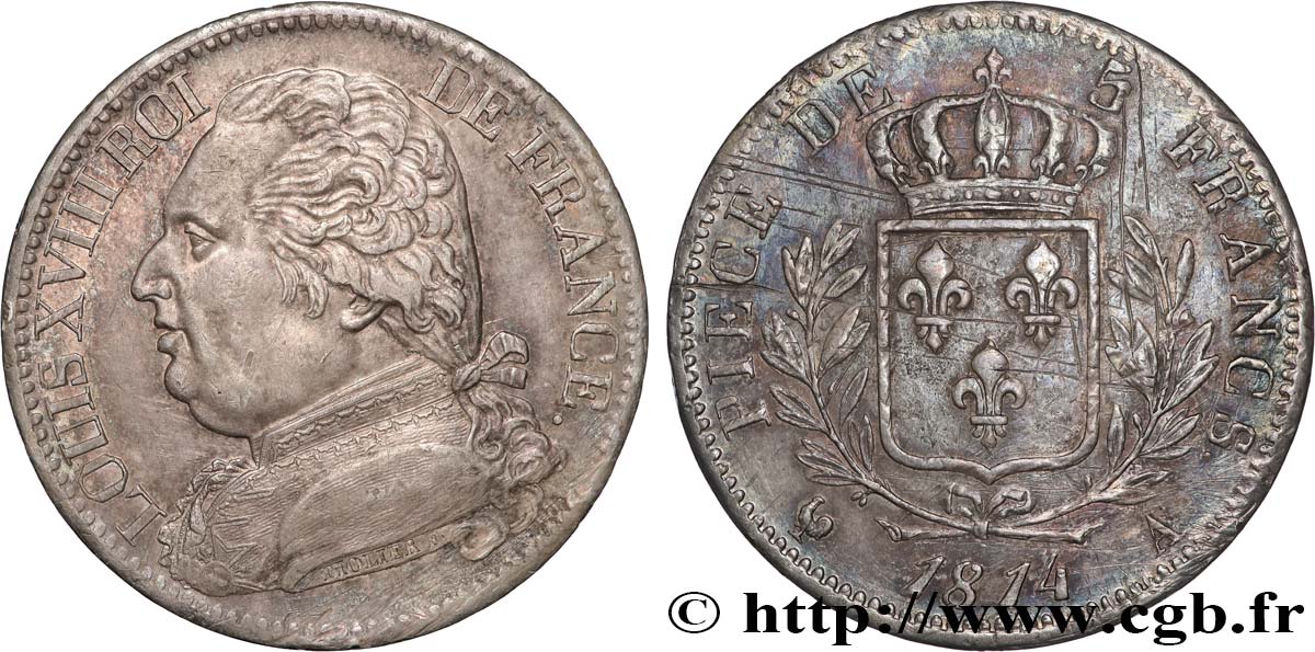 5 francs Louis XVIII, buste habillé 1814 Paris F.308/1 BC 