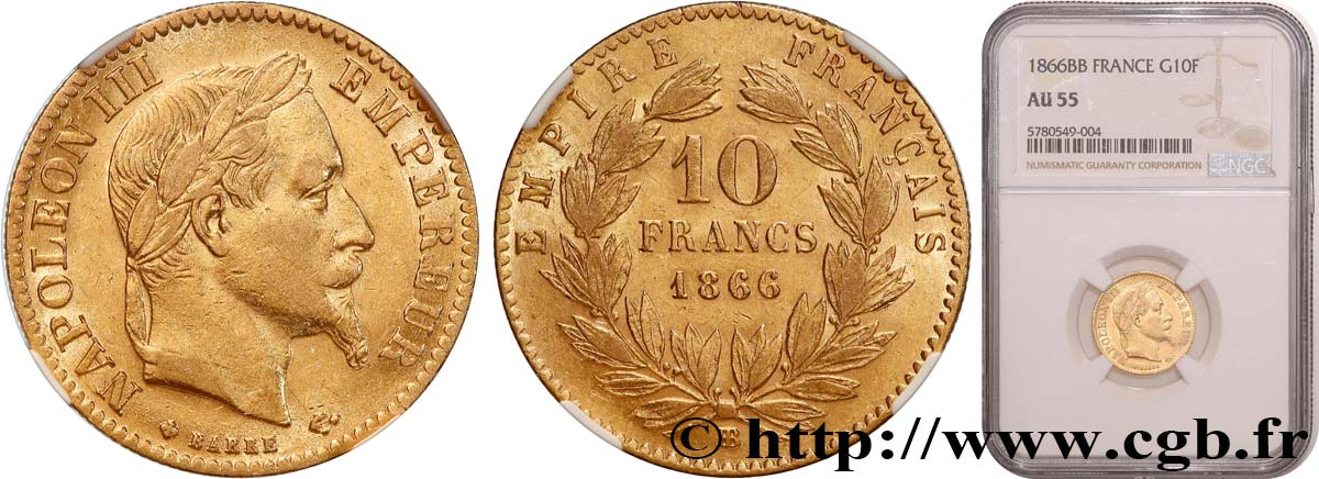 10 francs or Napoléon III, tête laurée 1866 Strasbourg F.507A/13 AU55 NGC