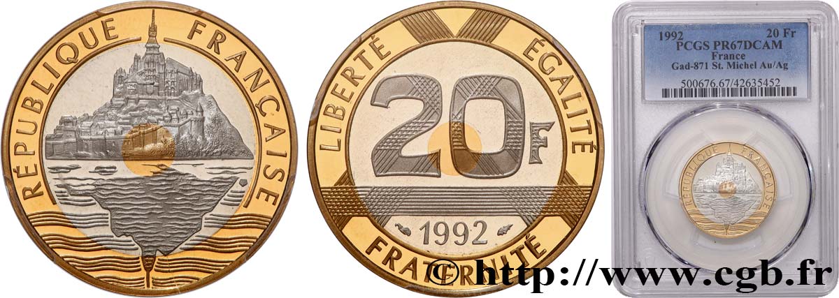 Belle Épreuve Or/Argent 20 francs - Mont Saint-Michel 1992 Pessac F5.1400 2 ST67 PCGS