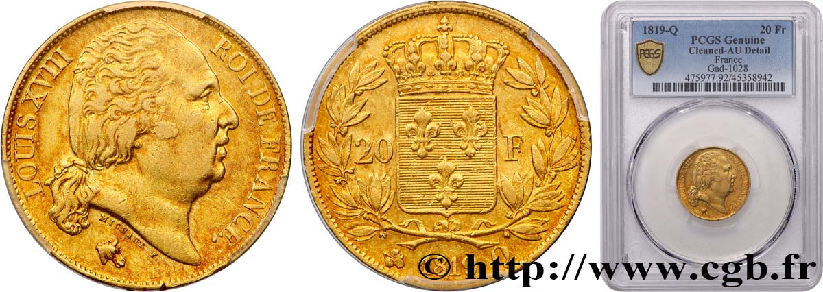 20 francs or Louis XVIII, tête nue 1819 Perpignan F.519/16 MBC+ PCGS