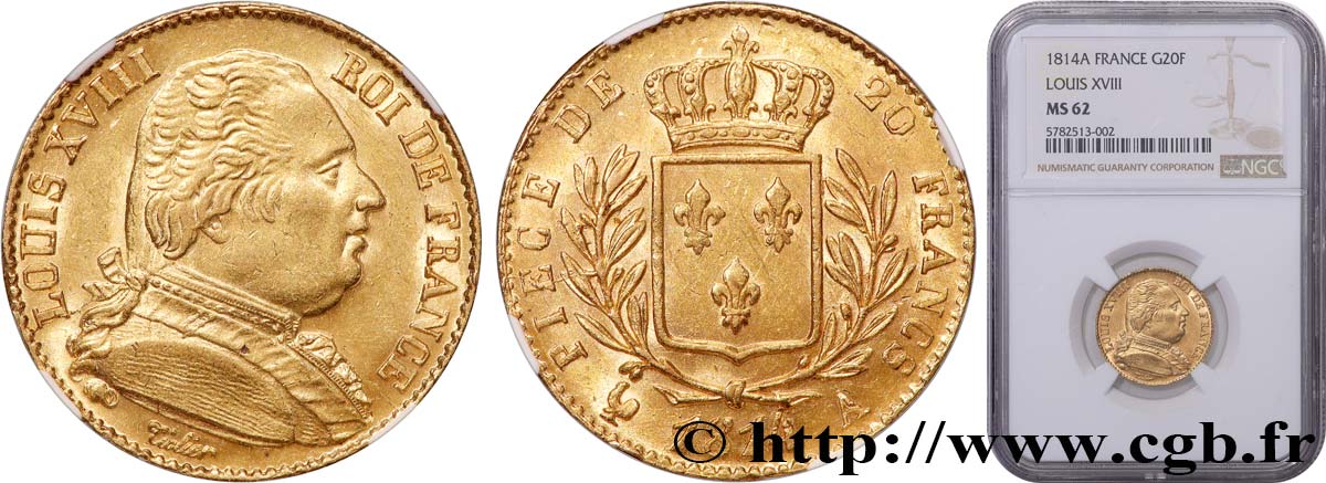 20 francs or Louis XVIII, buste habillé 1814 Paris F.517/1 MS62 NGC