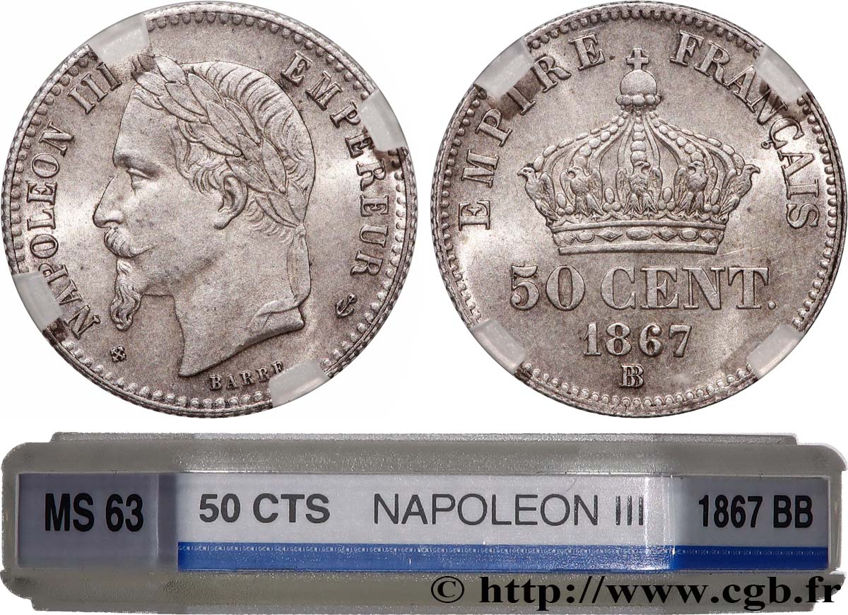 50 centimes Napoléon III, tête laurée 1867 Strasbourg F.188/16 SPL63 GENI