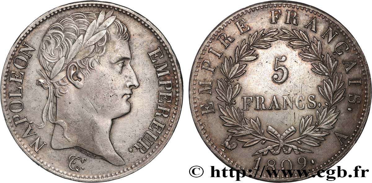 5 francs Napoléon Empereur, Empire français 1809 Paris F.307/1 AU 