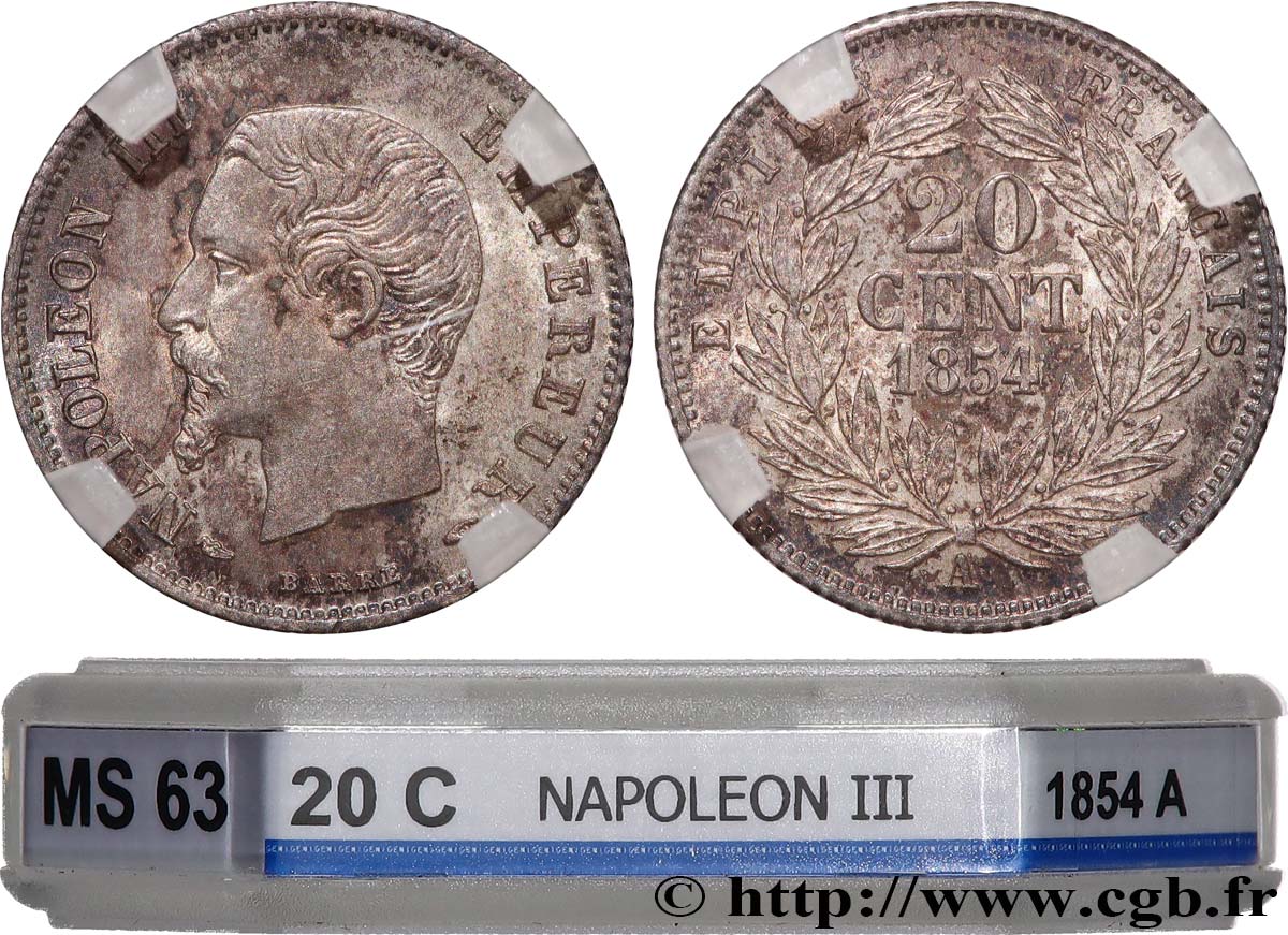 20 centimes Napoléon III, tête nue 1854 Paris F.148/2 fST63 GENI