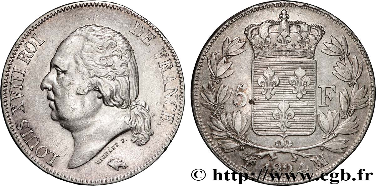 5 francs Louis XVIII, tête nue 1824 Marseille F.309/96 BB 