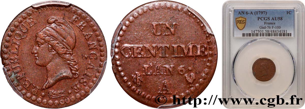 Un centime Dupré, 6 normal 1798 Paris F.100/3 VZ58 PCGS