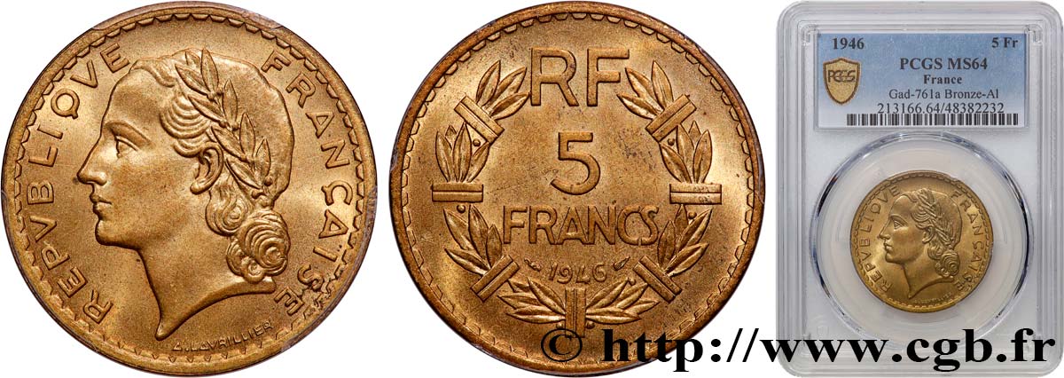 5 francs Lavrillier, bronze-aluminium 1946  F.337/7 MS64 PCGS