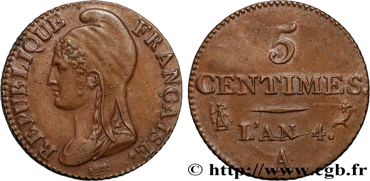 5 centimes Dupré, petit module 1796 Paris F.113/1 AU53 