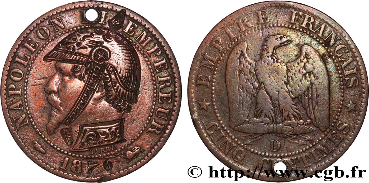 Cinq centimes Napoléon III, tête nue, satirique n.d. Lyon F.116/- var. VF 