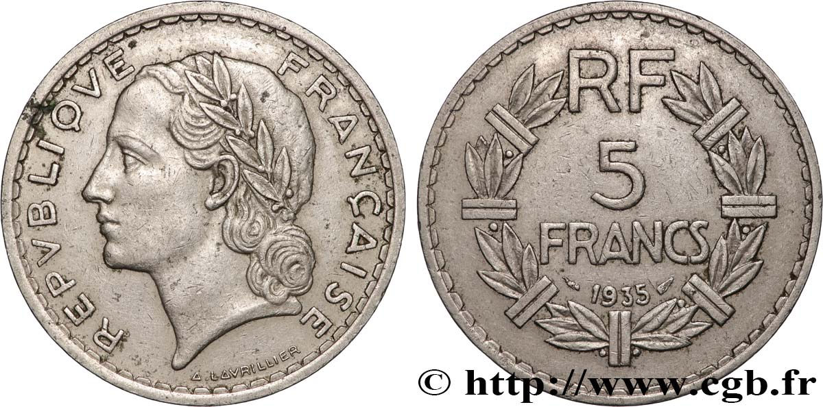 5 francs Lavrillier, nickel 1935 F.336/4 VF