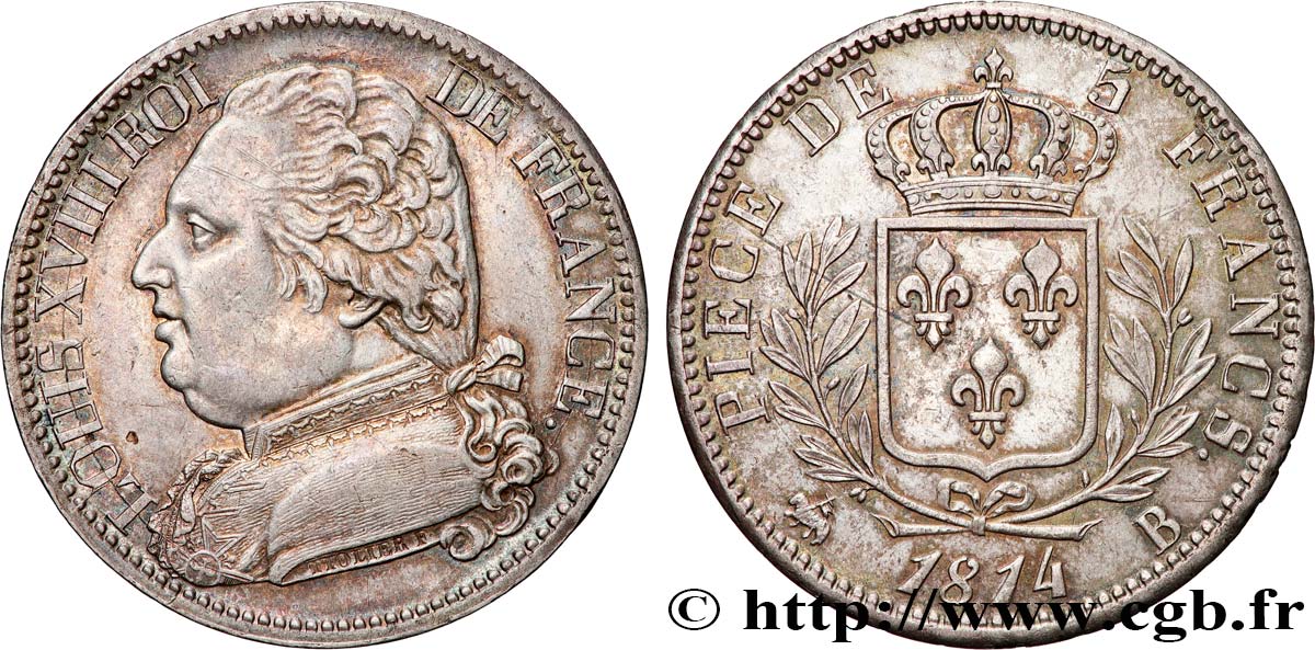 5 francs Louis XVIII, buste habillé 1814 Rouen F.308/2 AU 
