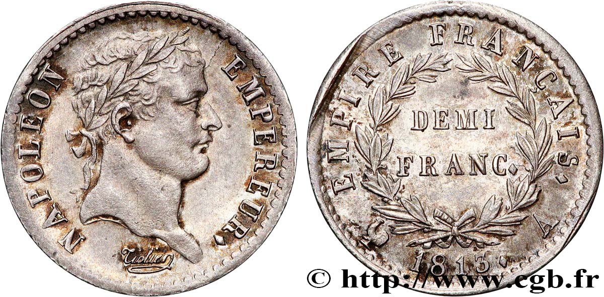 Demi-franc Napoléon Ier tête laurée, Empire français 1813 Paris F.178/49 AU 