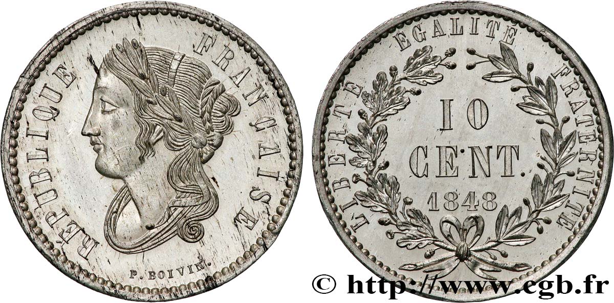 Concours de 10 centimes, essai en étain par Boivin, deuxième revers 1848 Paris VG.3133 var. SUP+ 