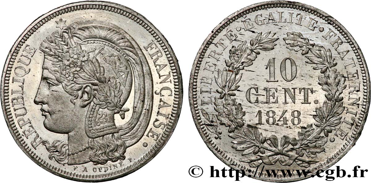 Concours de 10 centimes, essai en étain par Oudiné 1848 Paris VG.3149 var. de métal MS 