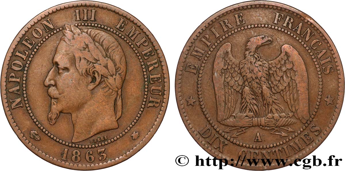 Dix centimes Napoléon III, tête laurée 1863 Paris F.134/10 TB