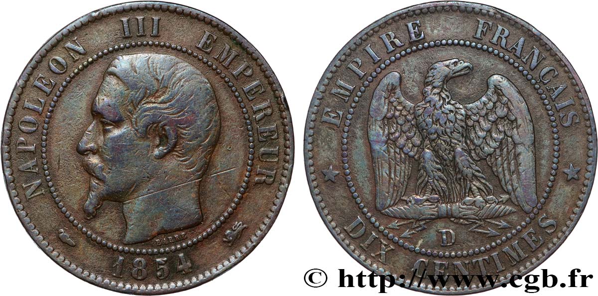 Dix centimes Napoléon III, tête nue 1854 Lyon F.133/15 TB