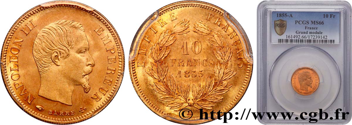 10 francs Napoléon III tête nue, grand module 1855 Paris F.506/1 MS66 PCGS