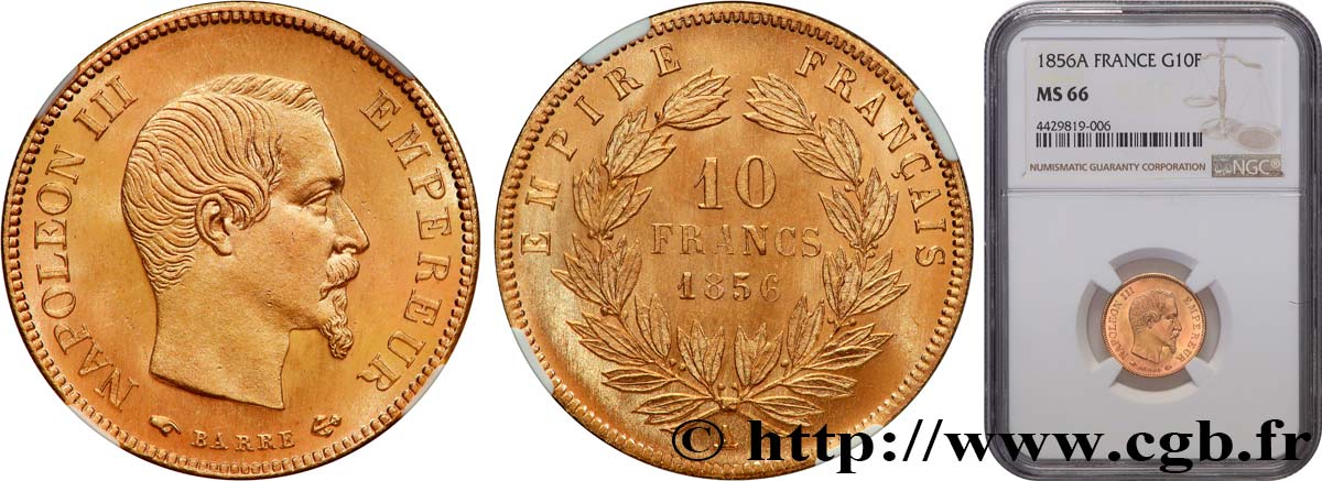 10 francs or Napoléon III, tête nue 1856 Paris F.506/3 MS66 NGC