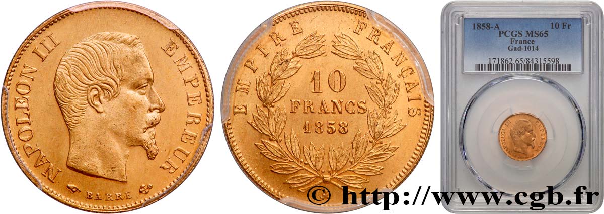 10 francs or Napoléon III, tête nue 1858 Paris F.506/5 FDC65 PCGS