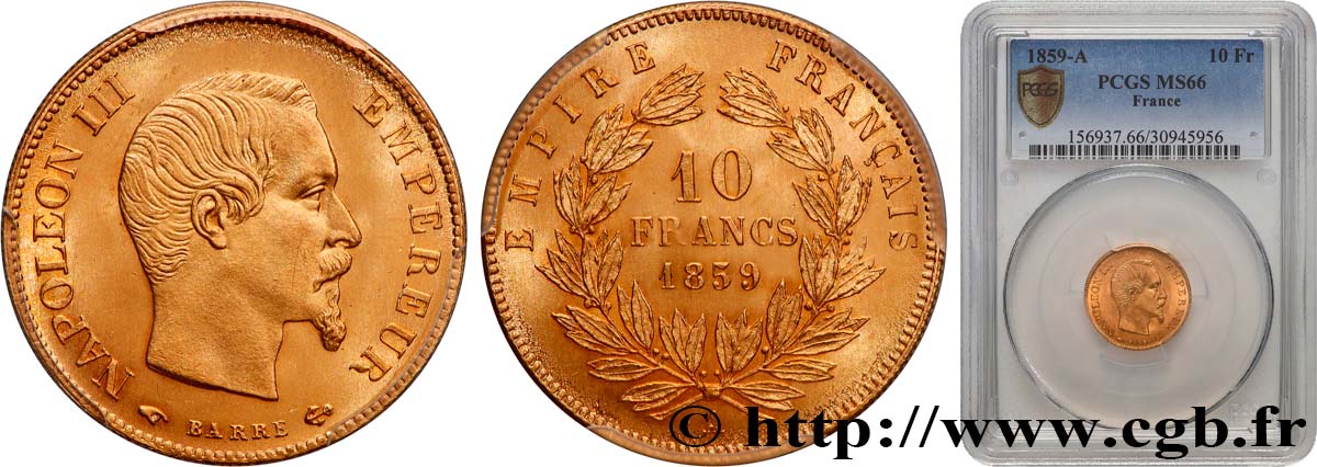 10 francs or Napoléon III, tête nue 1859 Paris F.506/7 FDC66 PCGS