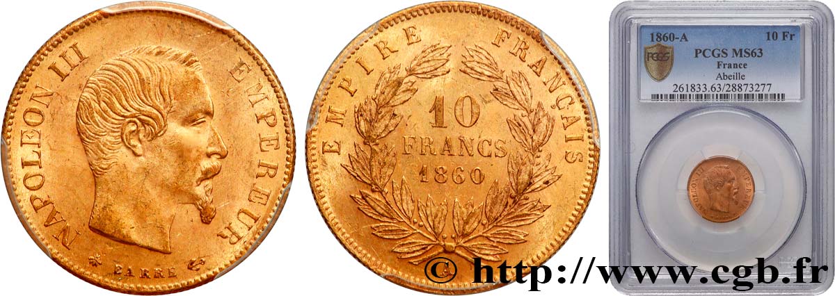 10 francs or Napoléon III, tête nue 1860 Paris F.506/10 SPL63 PCGS