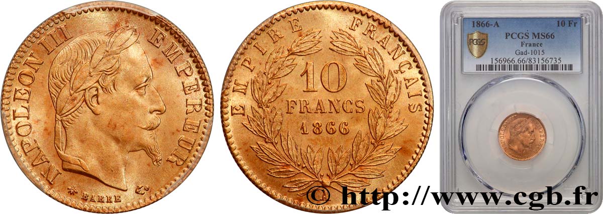 10 francs or Napoléon III, tête laurée 1866 Paris F.507A/12 FDC66 PCGS