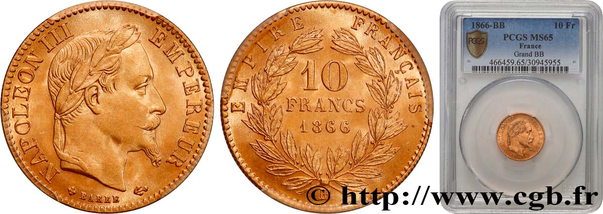 10 francs or Napoléon III, tête laurée 1866 Strasbourg F.507A/14 FDC65 PCGS