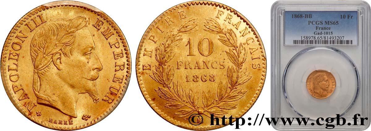 10 francs or Napoléon III, tête laurée 1868 Strasbourg F.507A/18 FDC65 PCGS
