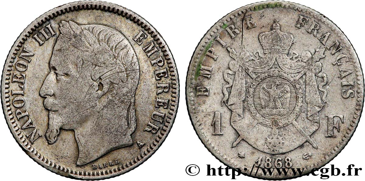1 franc Napoléon III, tête laurée 1868 Paris F.215/10 F 