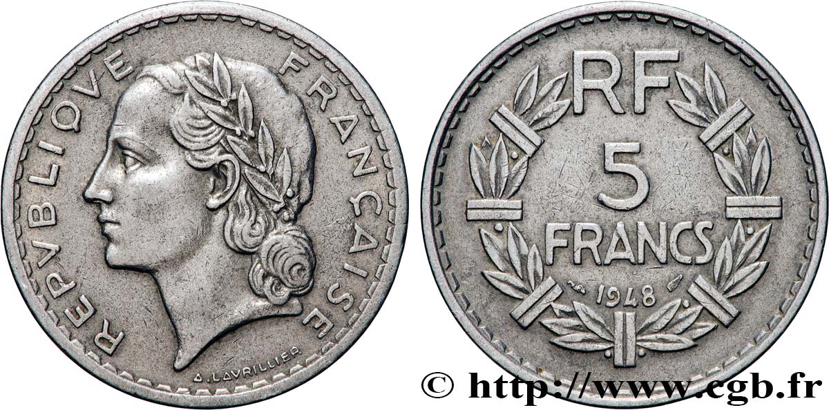 5 francs Lavrillier, aluminium, 9 ouvert 1948 F.339/13 MBC