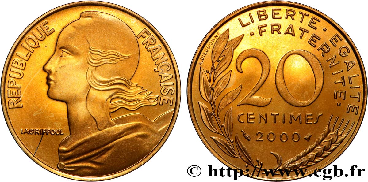 20 centimes Marianne, BE (Belle Épreuve) 2000 Pessac F.156/45 var. MS