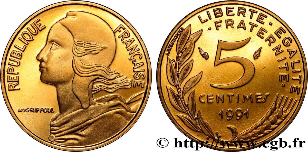 5 centimes Marianne, BE (Belle Épreuve) 1991 Pessac F.125/27 var. MS