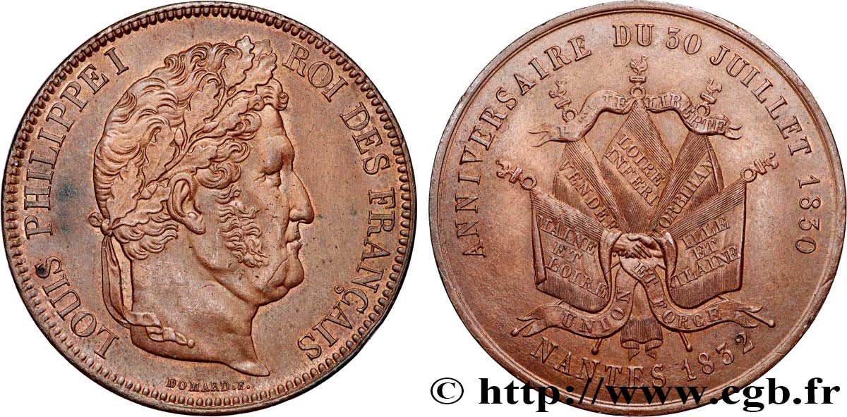 Module de 5 francs en cuivre commémorant l’anniversaire du 30 juillet 1830 1832 Nantes F.324/- var. EBC+ 