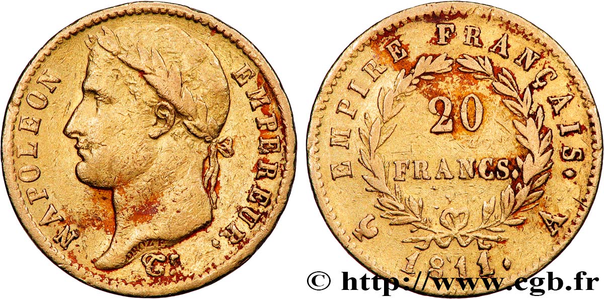 20 francs or Napoléon, tête laurée, Empire français 1811 Paris F.516/16 TB 