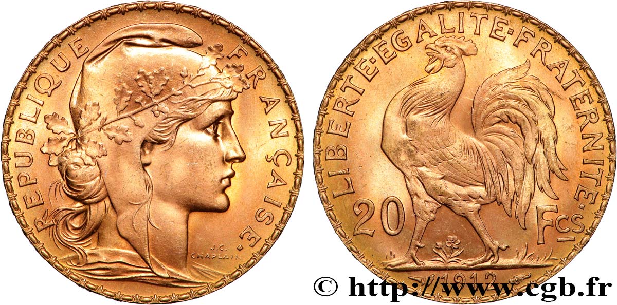20 francs or Coq, Liberté Égalité Fraternité 1912 Paris F.535/6 SPL