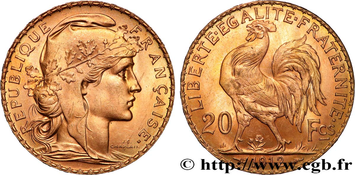 20 francs or Coq, Liberté Égalité Fraternité 1912 Paris F.535/6 SPL