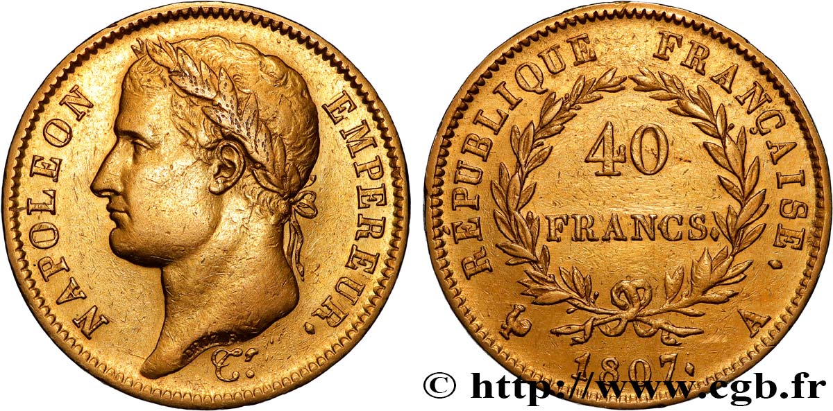40 francs Napoléon Ier tête laurée, République française 1807 Paris F.540/1 AU 