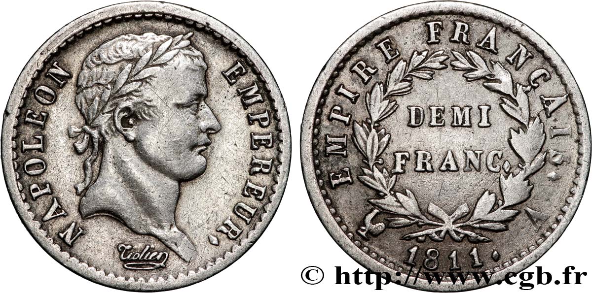 Demi-franc Napoléon Ier tête laurée, Empire français 1811 Paris F.178/21 MBC 