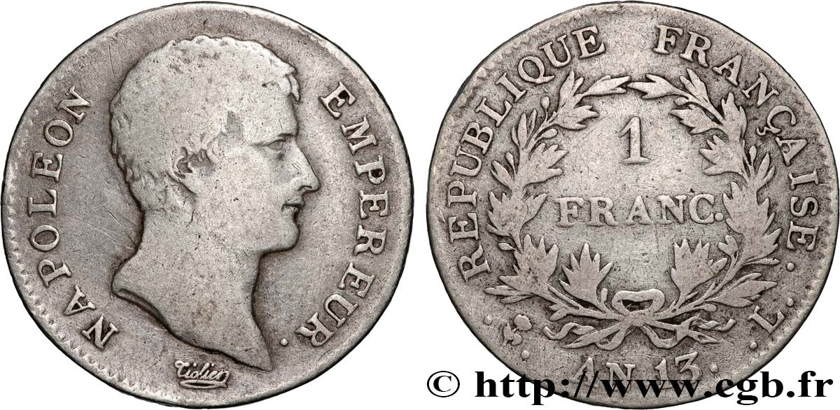 1 franc Napoléon Empereur, Calendrier révolutionnaire 1805 Bayonne F.201/22 TB15 