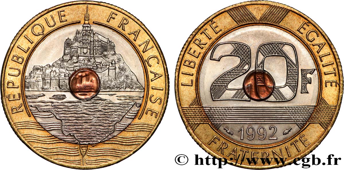 20 francs Mont Saint-Michel, Fauté avec un coeur en cuivre 1992 Pessac F.403/2 var. FDC65 