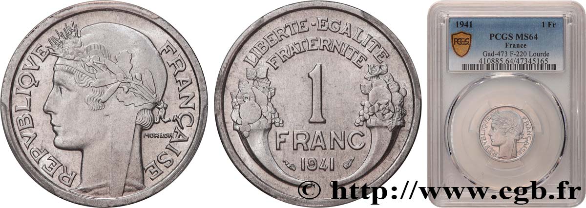 1 franc Morlon, lourde 1941 Paris F.220/2 SPL64 PCGS