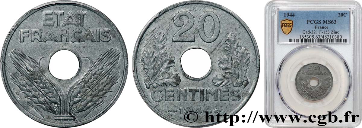 20 centimes État français, légère 1944  F.153A/2 SPL63 PCGS
