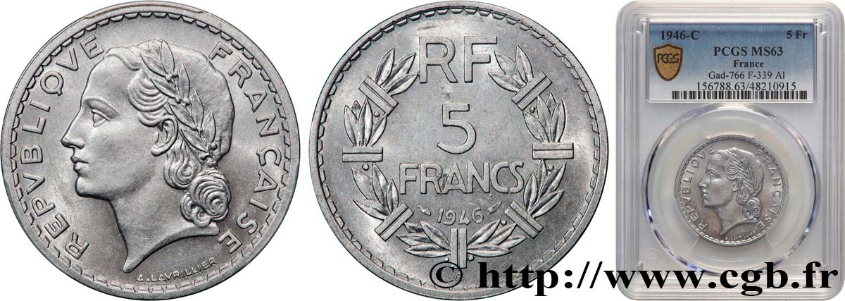 5 francs Lavrillier, aluminium 1946 Castelsarrasin F.339/8 SPL63 PCGS