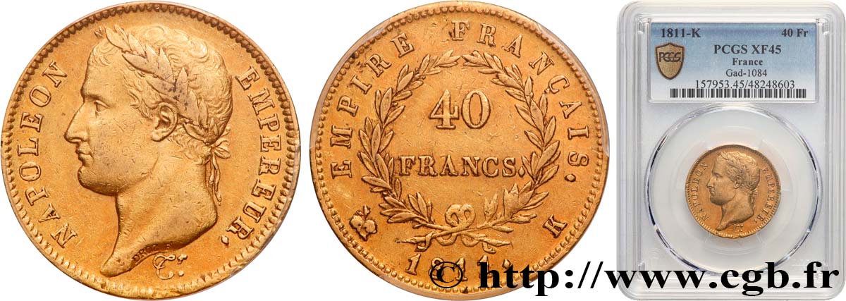 40 francs or Napoléon tête laurée, Empire français 1811 Bordeaux F.541/8 XF45 PCGS