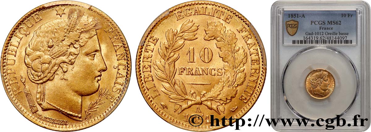 10 francs or Cérès, IIe République 1851 Paris F.504/3 EBC62 PCGS