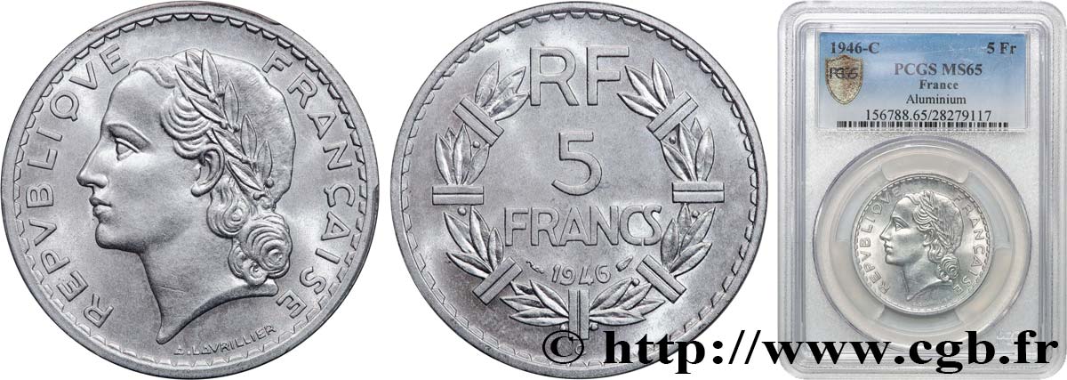 5 francs Lavrillier, aluminium 1946 Castelsarrasin F.339/8 MS65 PCGS